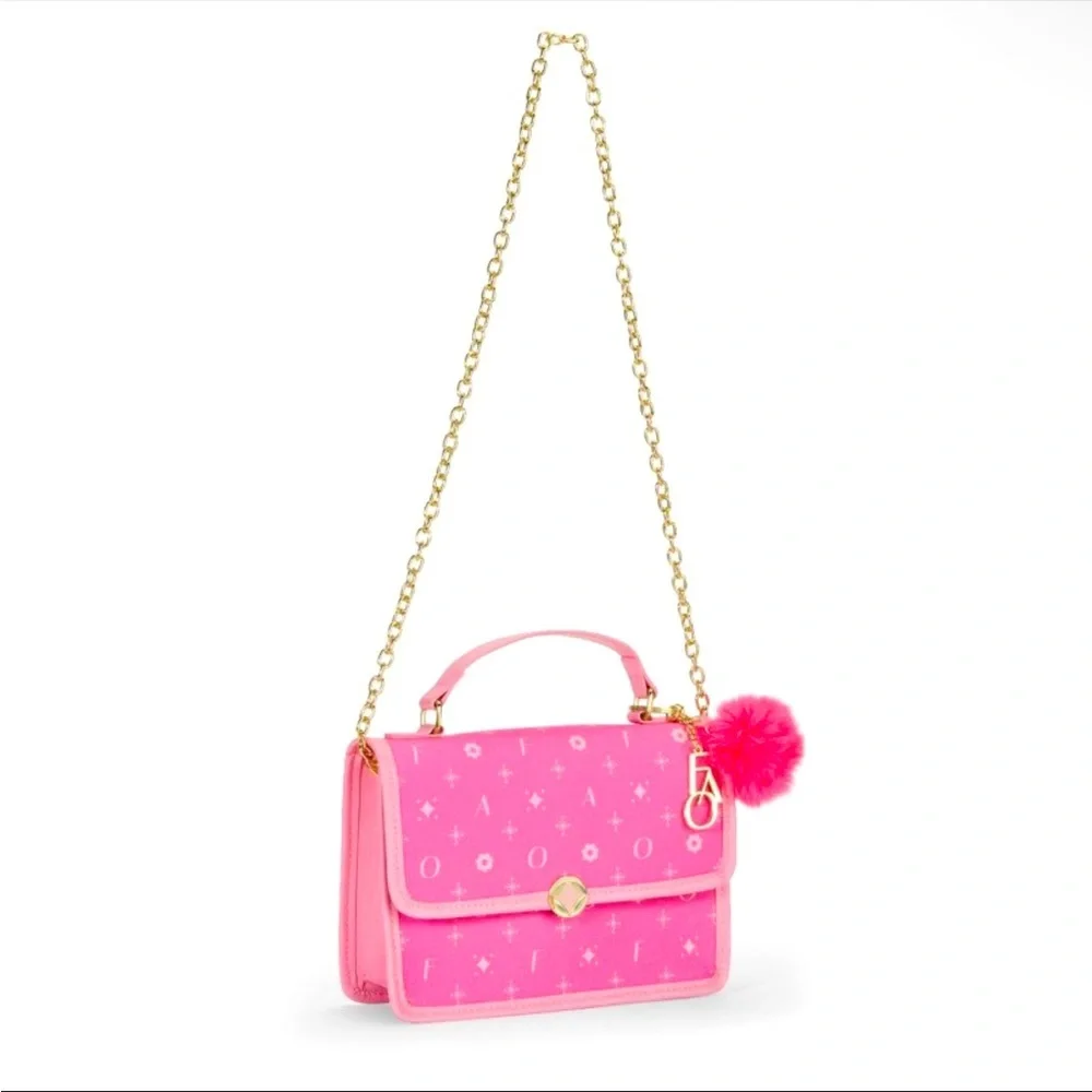 FAO SCHWARZ Pink bag with pompom keychain and sunglasses NWT